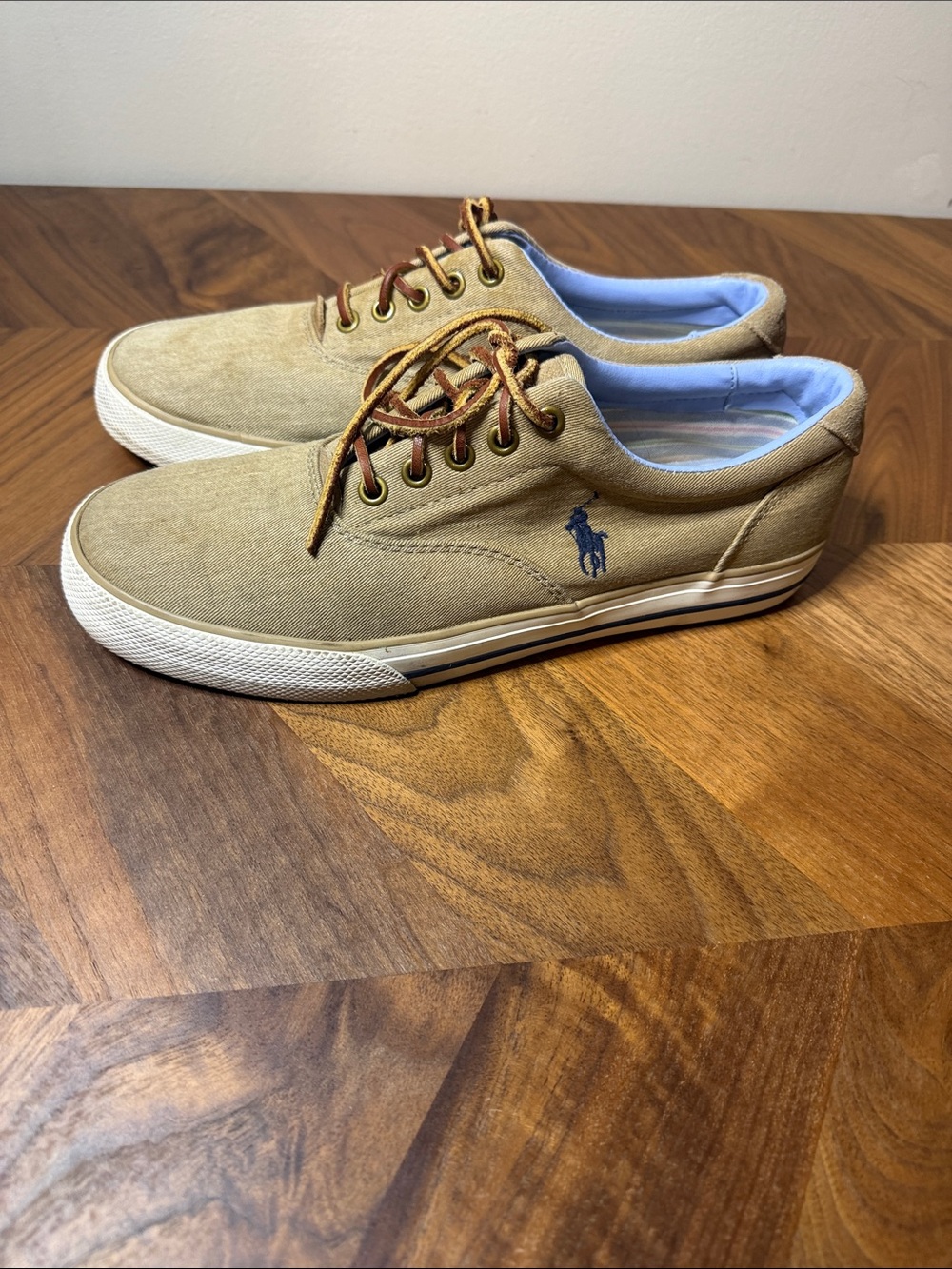 Polo by Ralph Lauren Khaki Canvas Low-Top Sneakers with Navy Pony Sz 8.5D US